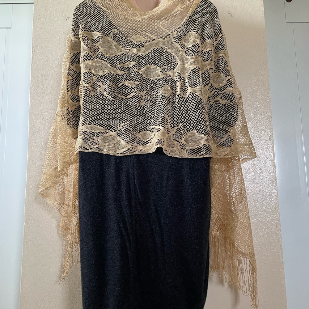 Gold Lace Knit Shawl with Asymmetrical Design - Picture 6 of 15